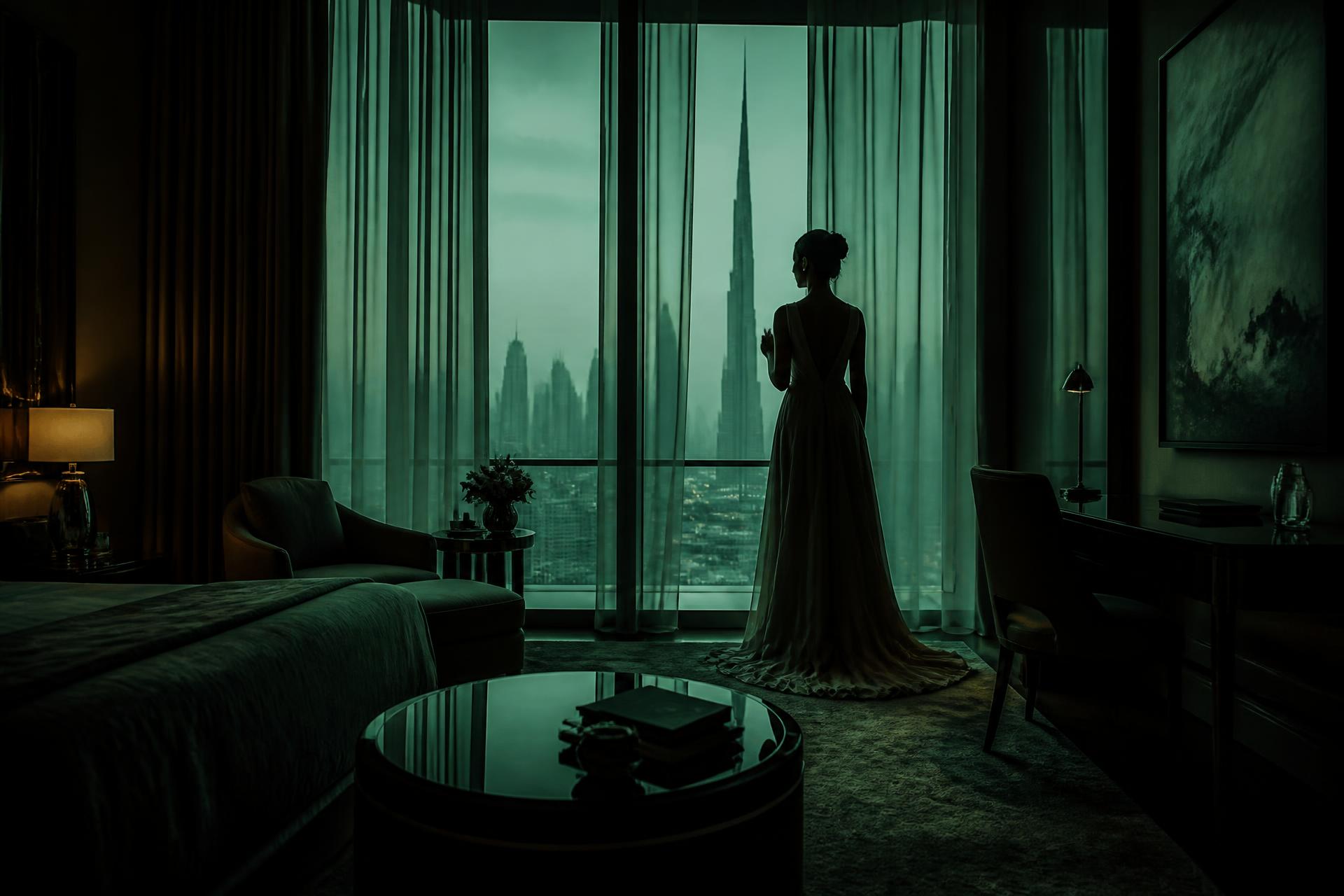 Guest gazing at Riyadh's skyline from a Lorax suite